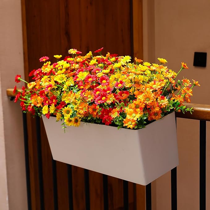 Fake Mums Artificial Flowers – 12 Bundles Fall Flowers for Outdoor Orange Display, Faux Chrysanthemums UV Resistant Silk Plants for Porch, Patio, Garden, Thanksgiving Decor (Red 5, Orange 5, Yellow 2)