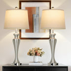 30" Silver Table Lamps Set of 2, 3-Way Dimmable Touch Living Room Lamp with USB A+C Ports and AC Outlet, Modern Brushed Nickel Bedroom Lamps, Tall Metal Bedside Lamp for Nightstand Side Table