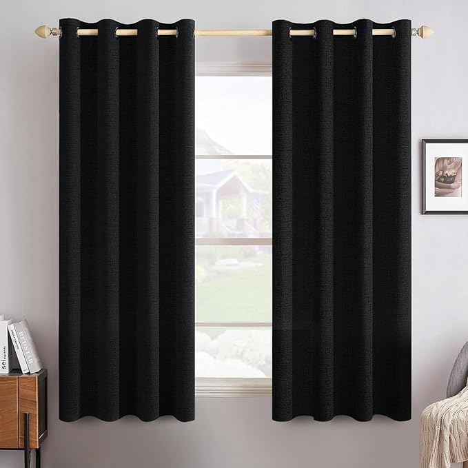 MIULEE Linen Texture Curtains for Bedroom Solid 100% Blackout Thermal Insulated Halloween Black Curtains Grommet Room Darkening Drapes for Living Room Nursery 52x63 Inch (2 Panels)