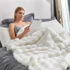 Cozy Bliss Faux Fur Throw Blanket for Couch, Fuzzy Soft Plush Thick Bubble Blanket for Sofa Bedroom Living Room, 60 * 80 Inches Cream White