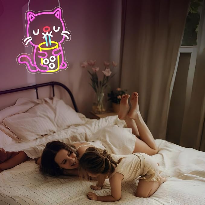 Cat Boba Tea Neon Sign, Neon Signs for Wall Decor Neon LED Signs Room Neon Light Up Signs Home Decor for Bedroom Club Party Bar Shop USB Operated