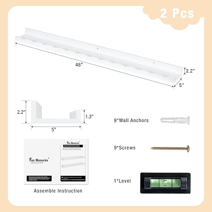 Fun Memories Picture Ledge Shelf for Wall, 48 inch Pine Wood Nursery Book Shelves Set of 2- Wall Book Shelves for Kids Room, Home Decor - Kitchen Spice-White