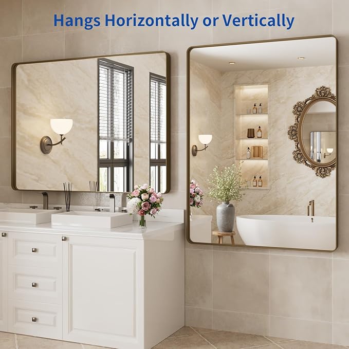 WEER Bronze Bathroom Mirror 48x36 Inch, Farmhouse Oil Rubbed Bronze Mirror for Wall, Aluminum Alloy Brushed Bronze Metal Frame Mirror for Vanity, Tempered Glass, Anti-Rust (Horizontal/Vertical)