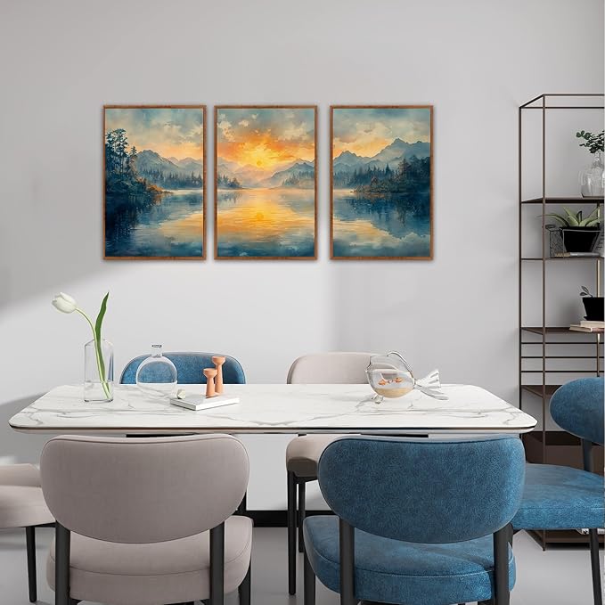 KAlRNE Sunset Mountain Canvas Wall Art,Abstract Scenery Wall Painting,Blue Landscape Lake Pictures,Watercolor Mountains Forests Art Prints For Living Room Bedroom Office Decoration - Framed 16X24 Inch