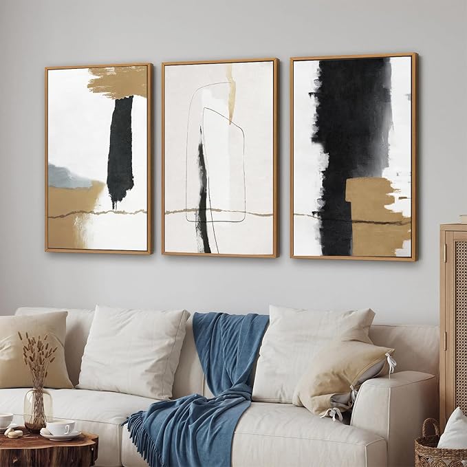SIGNINART Black and White Abstract Framed Canvas Wall Art Set of 3, Beige Neutral Art Prints, Minimalist Modern Wall Decor for Living Room, Bedroom, Office,Above Couch 16"x24"x3