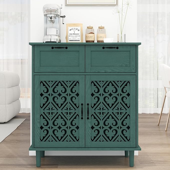 Kitchen Storage Cabinet with Drawers - Accent Cabinet with Carved Door, Floor Sideboard Buffet with Storage, Small Wood Credenza for Living Room, Dining Room, Entryway, Green
