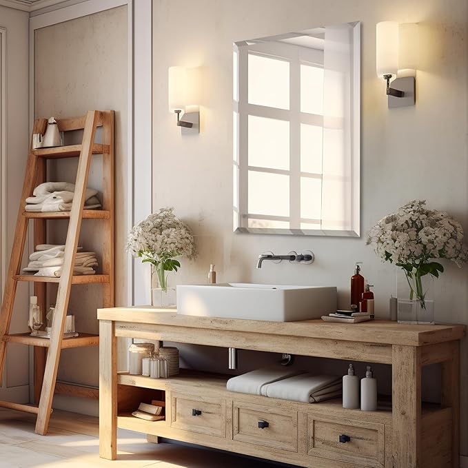 Mirrorons Beveled Mirror, Wall Mirror 24" x 36", Frameless Rectangle Bathroom Vanity Mirror with Beveled Edge, Hangs Horizontally or Vertically. Upgraded Shatterproof Mirror Bathroom