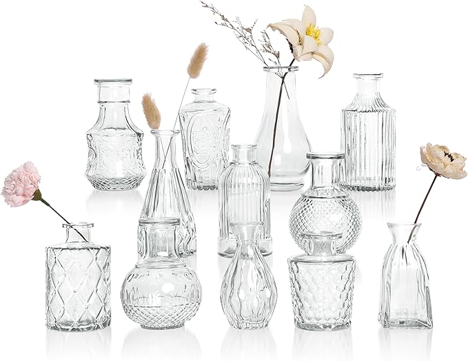 Glass Bud Vases Set of 12, Clear Small Vases for Flowers, Bulk Glass Vase for Centerpieces, Vintage Embossed Flower Vase for Wedding Table Decoration, Home, Cocktail Party