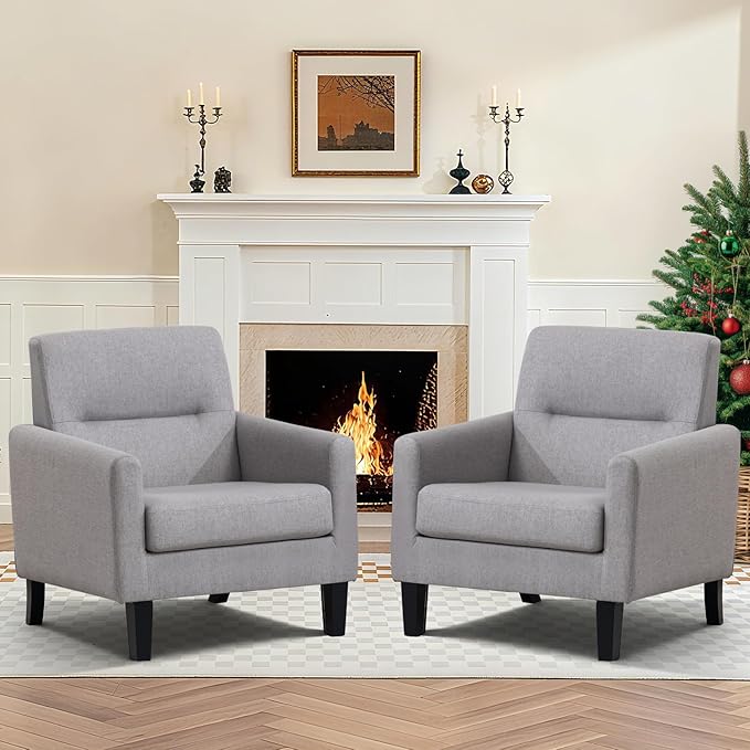 Accent Chairs Set of 2, Mid Century Modern Living Room Chairs Comfy Reading Chair with Upholstered Cushion Relax Armchair for Bedroom Apartment,Office,Light Grey