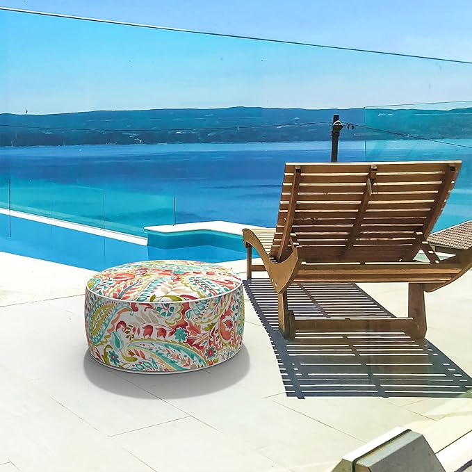LVTXIII Inflatable Stool Ottoman Footrest with Handle, Decorative Fade-Resistant Foot Stool, Indoor or Outdoor Pouf for Home Patio Garden and Camping Use, D21 x W 21 x H9, Warm Paisley