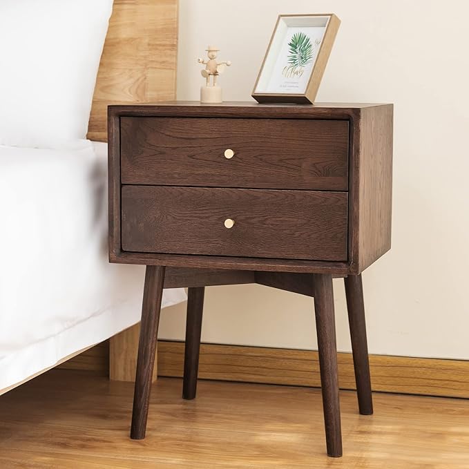 Night Stand, Midcentury Modern Solid Wood Nightstand with Drawer, Durable Sturdy Tall Bedside Tables with High Stool Leg, 17.72 W x 13.78 D x 23.63 H Inches (Walnut)