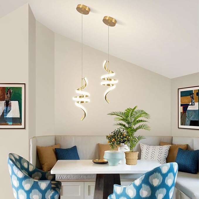 Spiral LED Pendant Light Fixtures, 15IN Modern Pendant Lights Adjustable Height 4000K Gold Kitchen Island Light Chandeliers for Dining Room Hanging Lights, 1 Pack