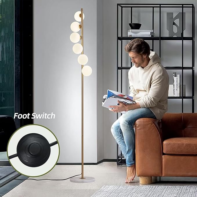 NKU Mid Century Floor Lamp Unique Glass lamp with Foot Switch, Modern Standing Tall Lamp for Living Room 3 Color Temperatures 6 Globe Floor Lighting for Bedroom Office（Gold）