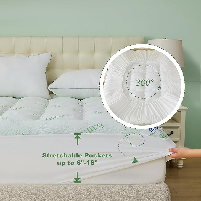 BEDLORE California King Mattress Topper Viscose Derived from Bamboo, Thick Pillow Top Mattress Pad with Stretchable Pockets for 6"-18" Mattress, Soft Mattress Topper for Back Pain Relief