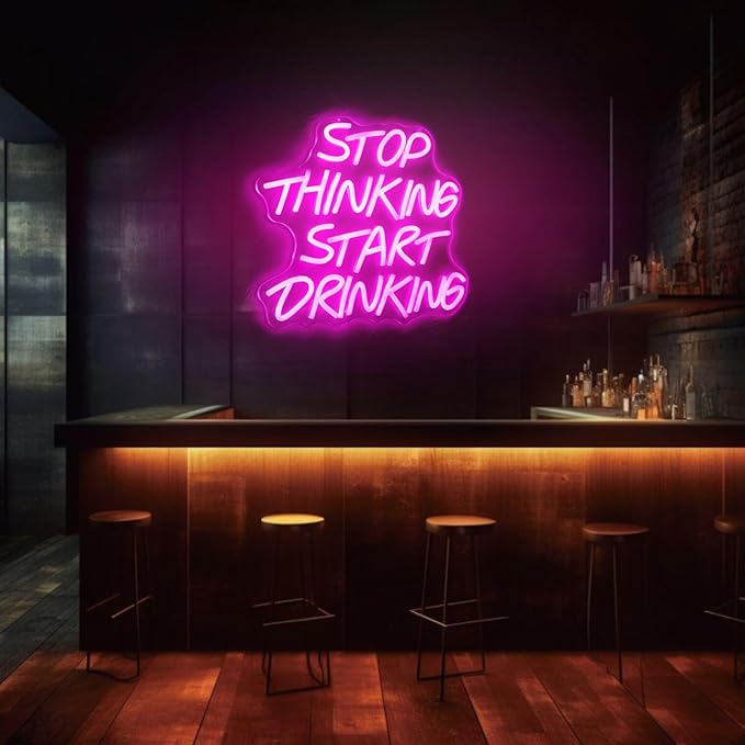 Stop Thinking Start Drinking Neon Sign Pink Led Neon Signs for Wall Decor Neon Lights up Letters for Bar Decor Bar Decorations for Home Led Light Sign for Man Cave decor Party USB Powered (13.38"L x 12.99"W)
