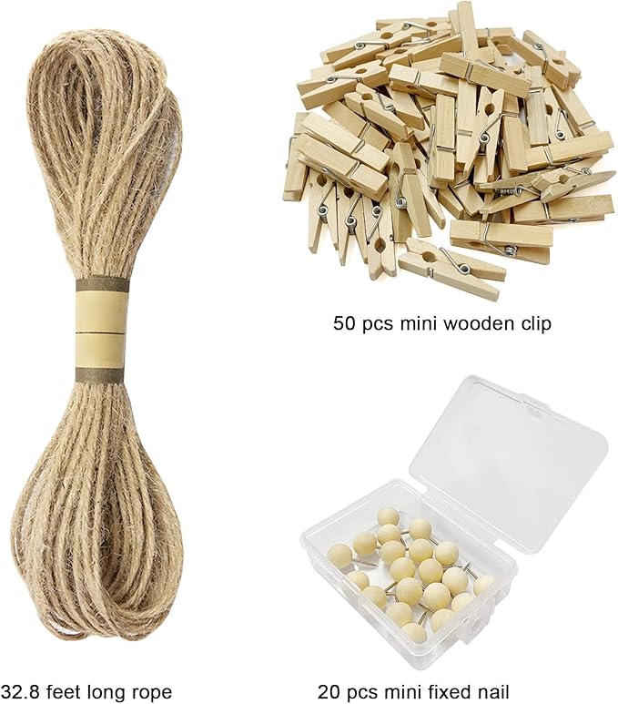 Photo Hanging Display with 50 Photo Clips, String Hanging Pictures Decor Wall Display, Clip Photo Holders for Hanging Kids Artwork On Wall Decor Home