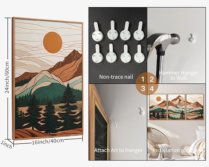 Tinonedraw Mountain Framed Canvas Wall Art Set of 3, Sunrise Forest Woodland Landscape Art Prints, Boho Coloful Ridge Scenery Wall Decor, Wood Pine Wilderness Art Paintings for Living Room Bedroom, Office 16"x24"