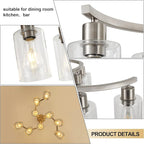 9-Light Brushed Nickel Glass Chandelier, Adjustable Height Hanging Industrial Dining Room Chandelier Over Table, Modern Farmhouse Chandelier for Kitchen Island Living Room Entryway Bedroom