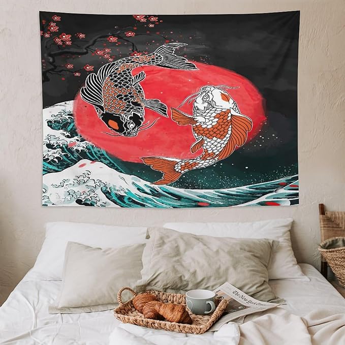 Houselerax Koi Fish Tapestries,Japanese Style Yin Yang Big Wave Cherry Blossoms Tapestry Wall Hanging for Bedroom Living Room Office Decor 80"x60"