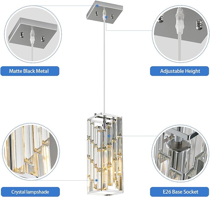 Chrome Pendant Lighting Modern Pendant Light, Mini Crystal Chandeliers,Adjustable Pendant Light Fixture for Kitchen Island Dinning Room Bedroom (3 Pack)