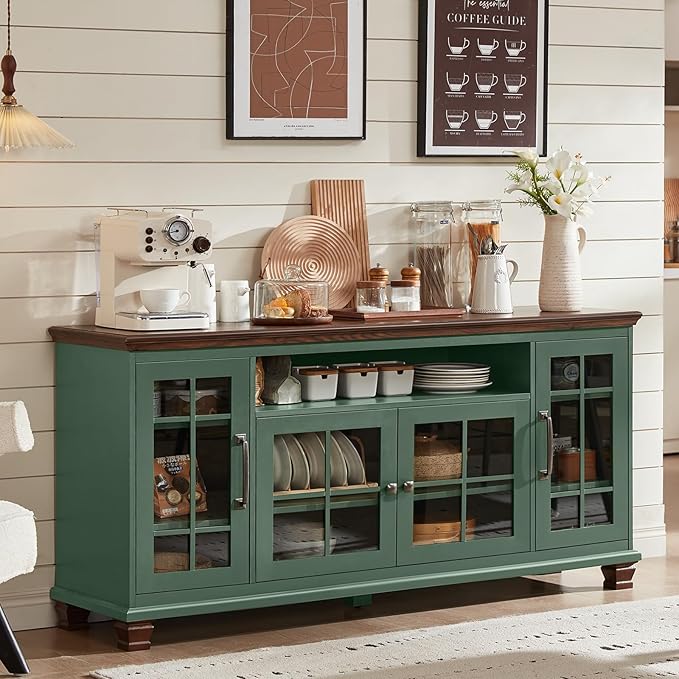 Large Sideboard Buffet Cabinet with Storage, Vintage Green Farmhouse 60" Wide Credenza Accent Cabinets with Glass Doors & Wood Legs, Kitchen Coffee Bar Table for Dining Room, Living Room