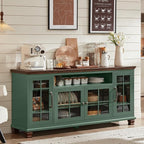 Large Sideboard Buffet Cabinet with Storage, Vintage Green Farmhouse 60" Wide Credenza Accent Cabinets with Glass Doors & Wood Legs, Kitchen Coffee Bar Table for Dining Room, Living Room
