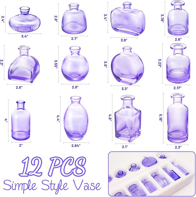 Glass Bud Vases Set of 12, Purple Small Glass Vase for Wedding Centerpieces, Clear Vase in Bulk | Purple Bud Flower Vases for Elegant Floral Displays, Table Decor, Event Styling