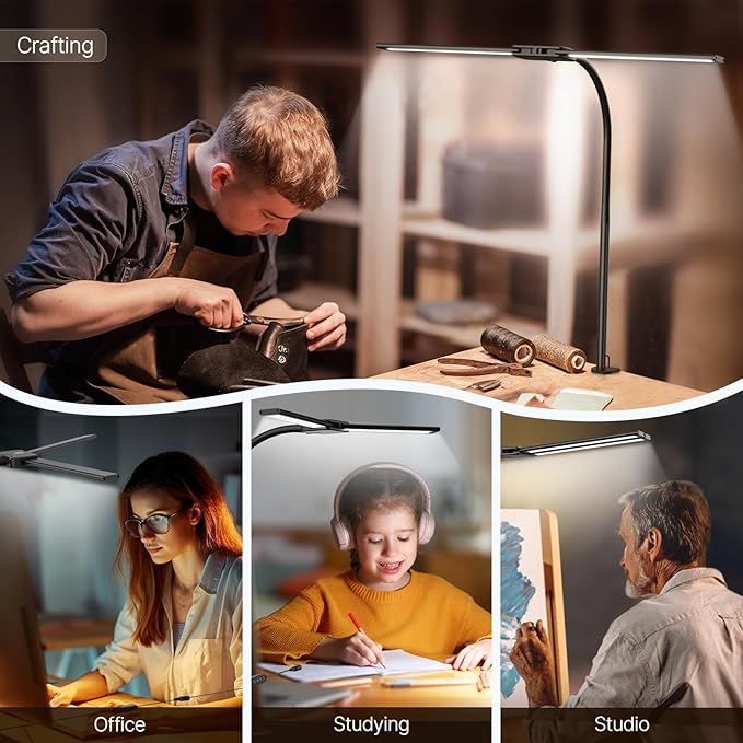 Syrinx LED Desk Lamp for Home Office – Eye-Caring Dual Head Desk Light with Flexible Gooseneck, Clamp, Gesture/Wired Control, 50 Lighting Modes with Memory/Timer for Study, Crafting