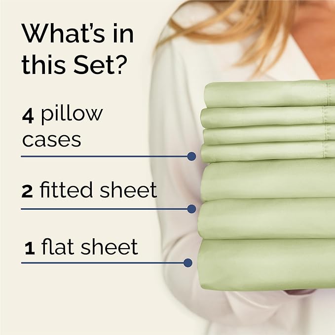 Split King Sheets Set 7 Piece - Includes 4 Pillowcases - Bed Sheets Split King - Soft Hotel Luxury Bedding - Cooling and Breathable - 1 Flat & 2 Fitted & 4 Pillowcases w/ Deep Pockets - Light Sage