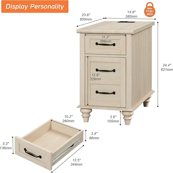 WAMPAT Beige End Table with Charging Station, Wooden Side Table with Storage Cabinet & Drawer, Elegant Nightstand with Power Outlets & USB Ports for Bedroom, Living Room