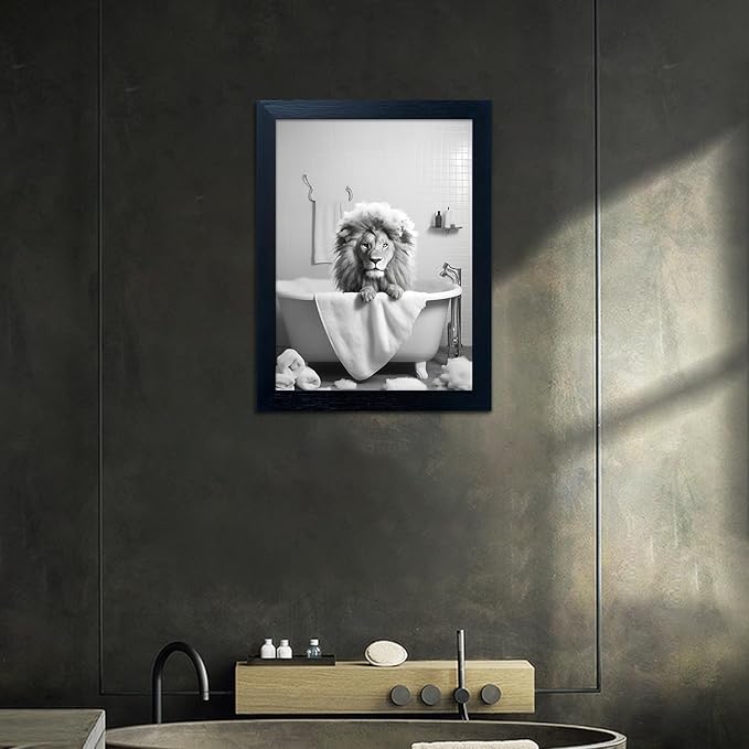 Framed Black and White Lion Wall Art Bathroom Pictures Wall Decor Funny Bathroom Wall Art Animal Canvas Print Artwork