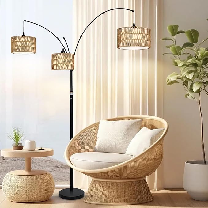Airposta Black Arc Floor Lamps for Living Room, Farmhouse Boho Floor Lamp for Bedroom, Industrial Standing Lamp for Office, Dimmable Tall Lamp with Rattan Lampshades, Reading Arched Light