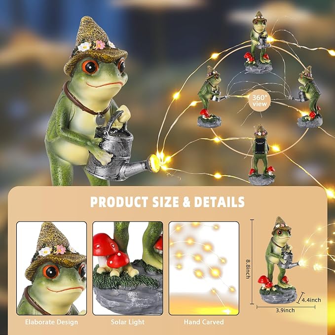 Solar Frog Statue for Garden with Watering Can Light 8.8" Resin Frog Figurine Outdoor Patio Porch Yard Decor Unique Birthday Housewarming Gifts for Women Mom Grandma Wife Sister