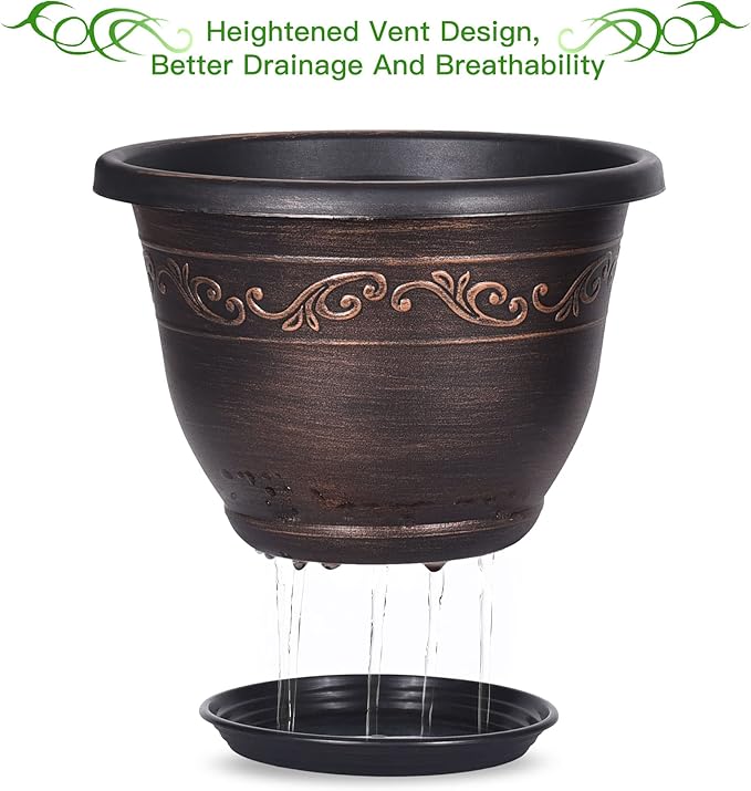 Plastic-Plant-Flower-Planters-16 Inch with Drainage Hole & Saucer, 3 Packs Lightweight Small Resin Flower Pot Indoor Outdoor, Retro Antique Imitation Decorative Garden Containers Sets for Houseplants