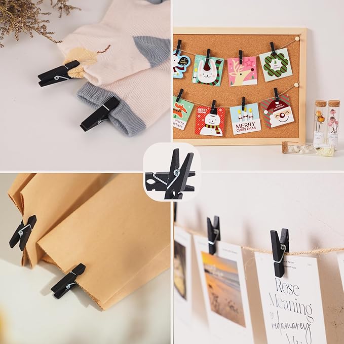 100Pcs Black Clothespins with String, 1.4Inch Wooden Clothes Pins with 328Ft Jute Twine, Mini Photo Display Clips, Black Clips for Hanging Photo, DIY Crafts,Wall Art, Baby Shower