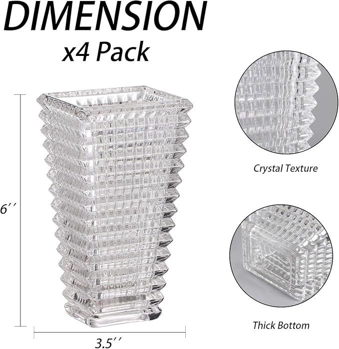 MCMCNCUIU Crystal Vases Set of 4, Clear Glass Vases, Crystal Vase for Centerpieces, Modern Flower Vase for Living Room, Bedroom, Kitchen, Dining Table, Shelf, Wedding, 6 Inches