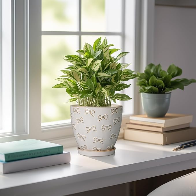 Ceramic Plant Pot 6.9 Inch - Ceramic Planter with Drainage Hole and Saucer Round Planter Flower Pot for Indoor Plants Outdoor Home Garden Office Decor White