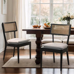 Rattan Dining Chairs Set Of 2 , Mid Century Modern Black Wooden Cane Back Chairs with Removable Linen Cushion , Retro Farmhouse Upholstered Kitchen & Dining Room Chairs for Restaurant Living Room