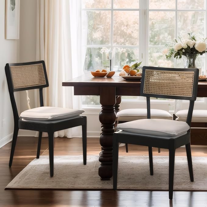 Rattan Dining Chairs Set Of 2 , Mid Century Modern Black Wooden Cane Back Chairs with Removable Linen Cushion , Retro Farmhouse Upholstered Kitchen & Dining Room Chairs for Restaurant Living Room