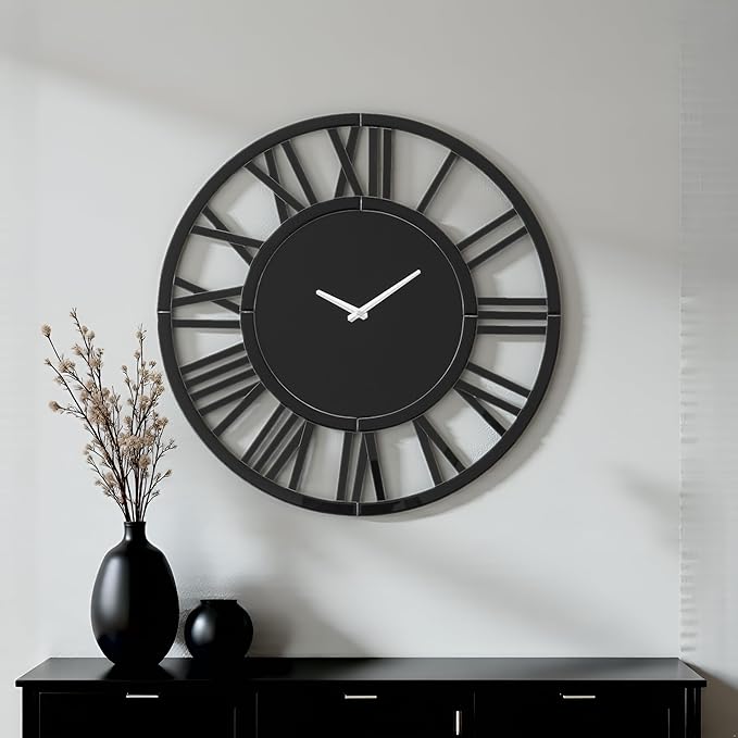 SHYFOY Large Wall Clock - 23.6" Modern Black Wall Clock with Roman Numerals, Decorative Wall Clocks for Living Room, Bedroom, Office - Easy to Hang, Silent Non-Ticking