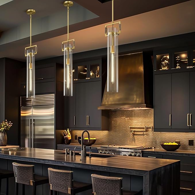 Modern Gold Pendant Light Set of 2, 21.6'' Pendant Lights Kitchen Island, Adjustable Height Brass Glass Pendant Light Fixtures, Large Pendant Lights for Dinning Room Farmhouse Bathroom