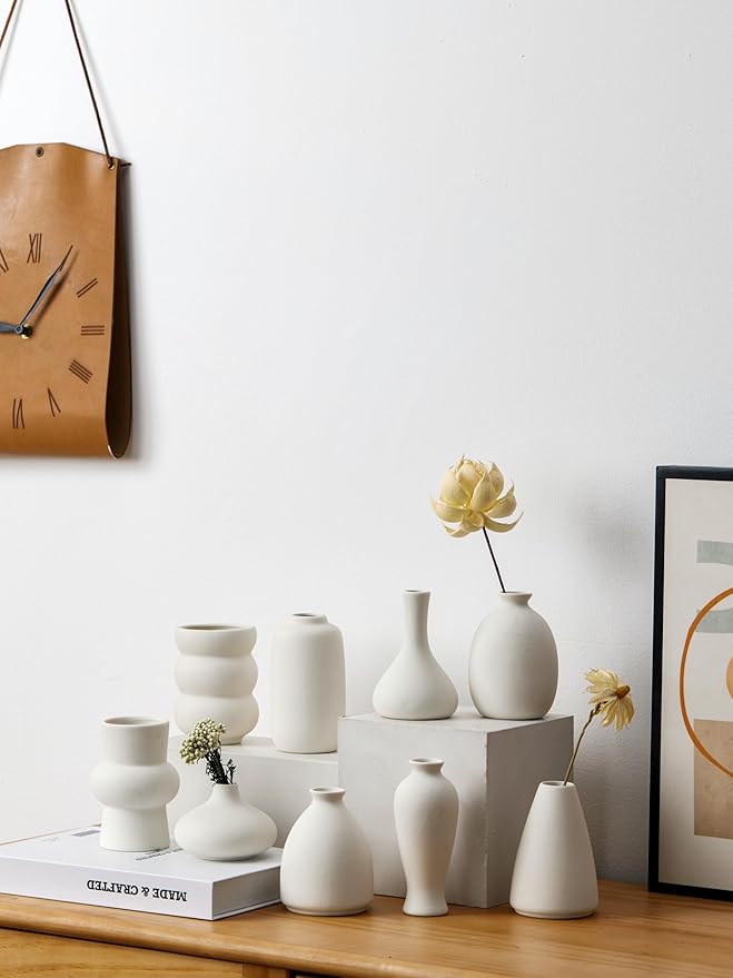 Set of 9 Ceramic Bud Vases for Pampas Grass Flowers, Small Vases in Bulk for Centerpieces Boho Vases for Wedding Decorations Neutral Living Room and Bedroom Decor DIY Gift (White)