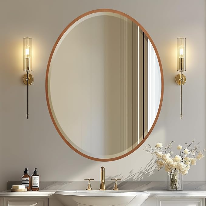 OVALCREST - Oval Wooden Beveled Wall Mirror for Home Decor, Bathroom, Vanity, Bedroom, Living Room, Hallway - London Style (Sunset Gold) 25.1 x 31.1