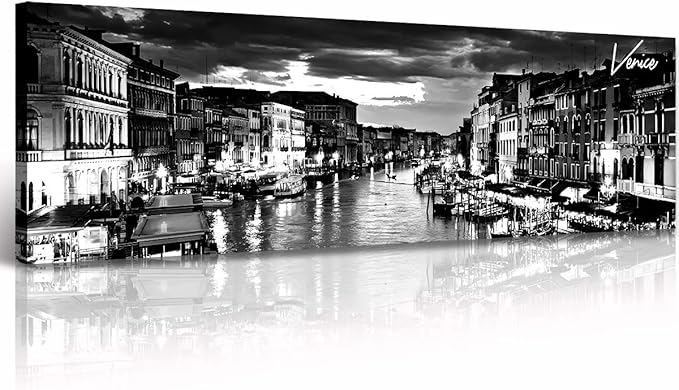 DJSYLIFE Venice Skyline Wall Art Black and White Italy Cityscape Canvas Print Painting Buildings Grand Canal Landscape Pictures Modern Artwork for Man Room Office Living Room Decoration 13.8"x47.3"