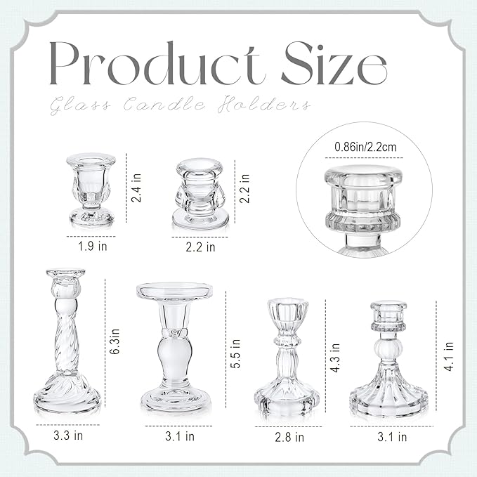 Mumufy 6 Pcs Glass Crystal Taper Candle Holders Clear Glass Candlestick Holder Fit 0.8 Inch Candles Crystal Decorative Candle Stand Centerpiece Table Wedding Dining Party (Simple,Clear)