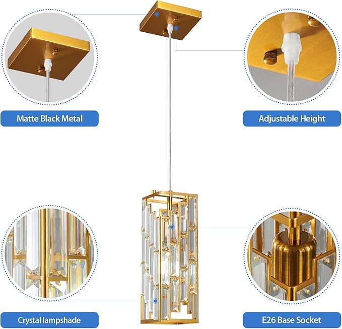 Gold Pendant Lighting Modern Pendant Light, Mini Crystal Chandeliers,Adjustable Pendant Light Fixture for Kitchen Island Dinning Room Bedroom (2 Pack)…