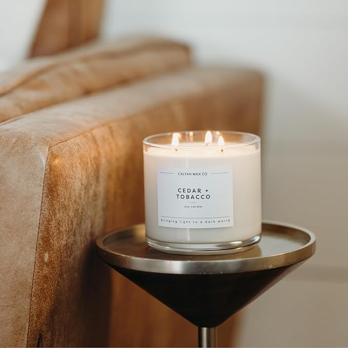 Calyan Wax Co. 3 Wick Candle, Cedar + Tobacco Scented Candle, 43 Hour Burn Time, 3 Wick Soy Candles, Non Toxic & Vegan Soy Wax, Glass Jar Scented Candles, 14.9oz