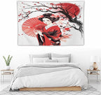 Japanese Red Geisha Tapestry Asian Cherry Blossom Traditional Kimono Folk Tapestries Home Decor for Living Room Bedroom Apartment Farmhouse Dorm 90"x60"