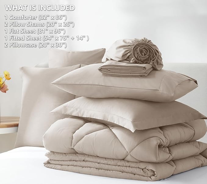 CozyLux Full Size Comforter Sets Linen - 7 Pieces Bed in a Bag Full, Luxury Soft Bed Set for All Seasons, Bedding Set with Down Alternative Comforter, Sheets, Pillowcases & Shams