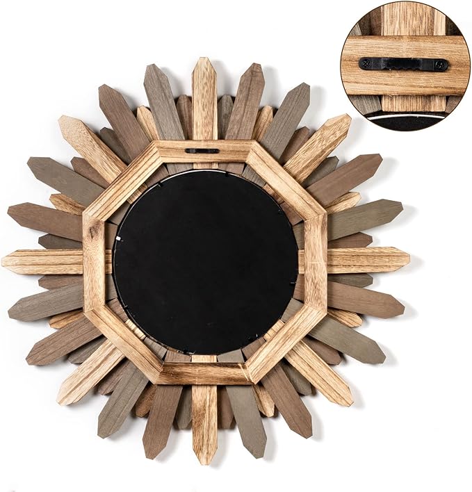 Honiway Boho Wall Decor 21 inch Wall Mirror Rustic Wood Decorative Mirror for Room Decor Rustic Home Decor Farmhouse Wall Decor at Living Room Bedroom Bathroom Hallway Trilcolor